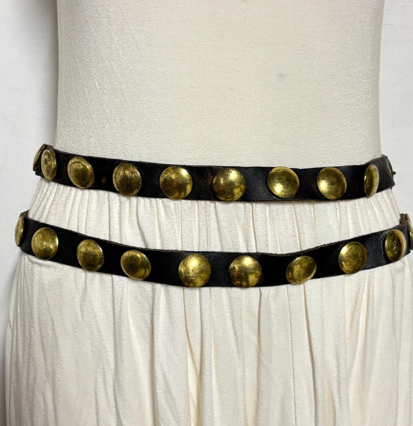50s vintage double belt for a dress. Black genuine leather 1" height with big brass dome studs. Mexican Mariachi style cowgirl