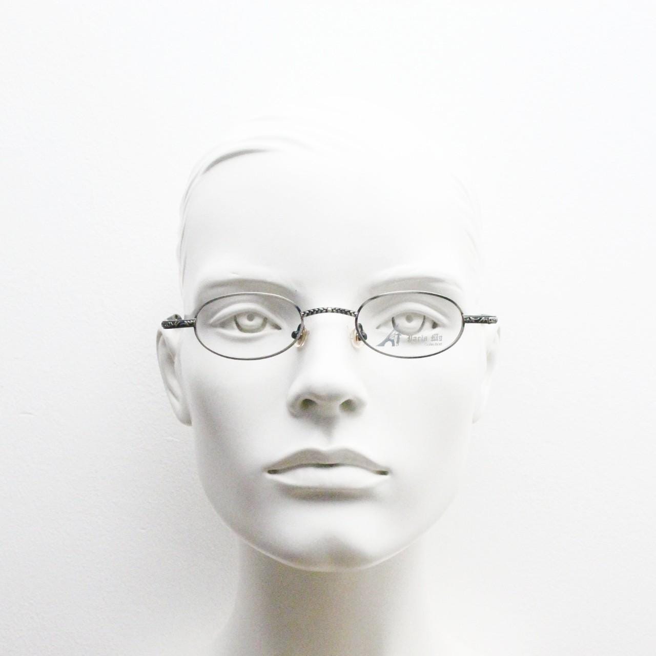 Paris Ma 90s vintage small oval eye glasses. Brushed bronze finish optical frames with ornate details. Prescription steampunk spectacles NOS
