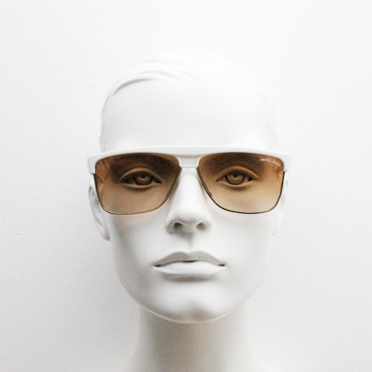 Pierre Leman Paris 80s vintage rectangular sunglasses made in France. Ice white flat top half frame with brown graduating lenses