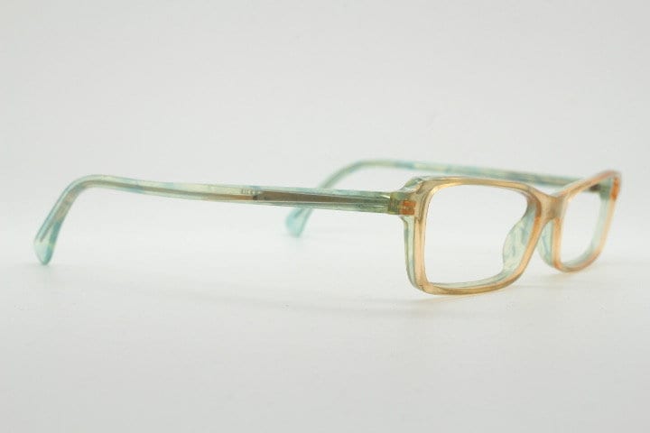 Alain Mikli rectangular eye glasses hand made in France. Low profile slim peach and blue transparent acetate optical frame. Prescription RX.