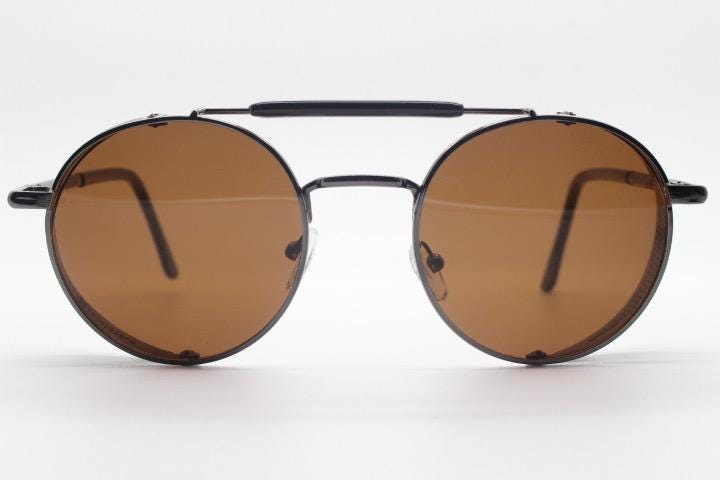 90s vintage round goggle sunglasses. All metal grey chrome frame with folding perforated side blinkers. Spoilers. Steampunk. Cosplay. NOS