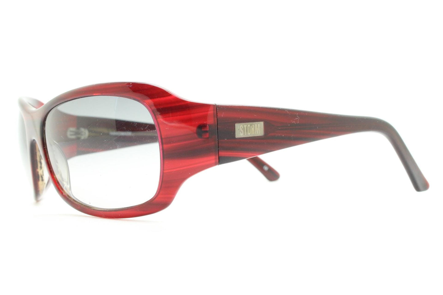 Y2k vintage wrap around large bug eye sunglasses. Curved red acetate shield frame with light tone lenses. 1960s bug eye design. 2000's NOS