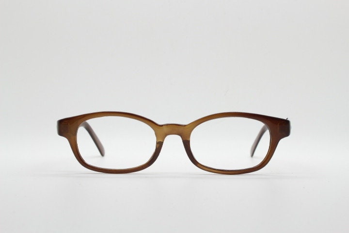 90s vintage rectangular low profile eye glasses. Transparent brown optical frames. Prescription eyeglasses. RX Spectacles. Quality NOS