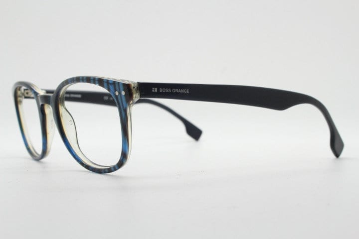 Boss Orange vintage wayfarer shape eye glasses. Black and navy striped optical frames with keyhole bridge. Prescription eyeglasses. RX  Hugo