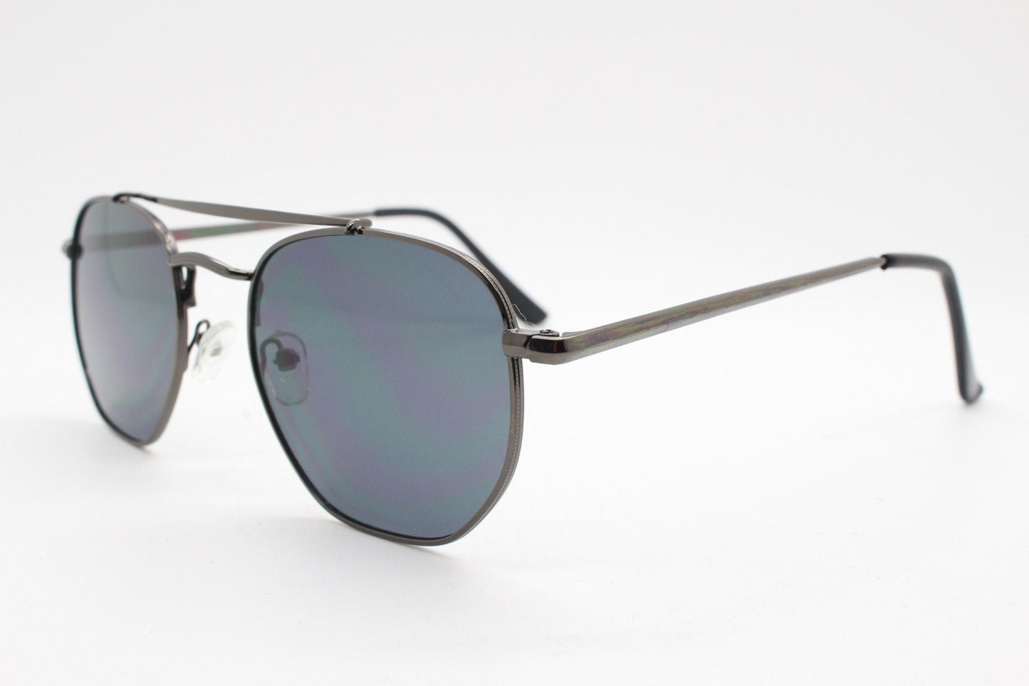 90s vintage modified aviator sunglasses, 6 sided soft angled metal frame in gunmetal with double bridge. Unused small aviators BNWT