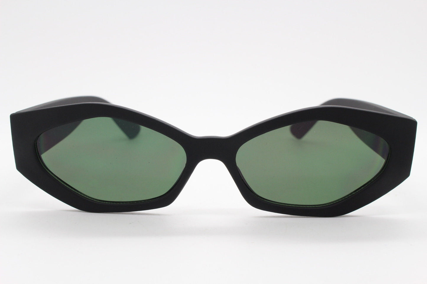 Vintage 90s low profile hexagon sunglasses. Jet black sharp angled 6 sided frame with full height arms in a matt rubber finish. Unused  BNWT