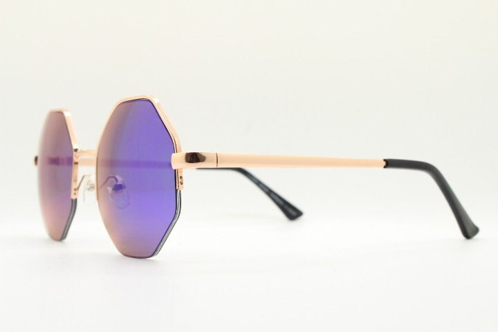 90s vintage octagon sunglasses. Petrol blue mirror 8 sided 60s design with minimal gold half frame. Hexagon. Unused NOS