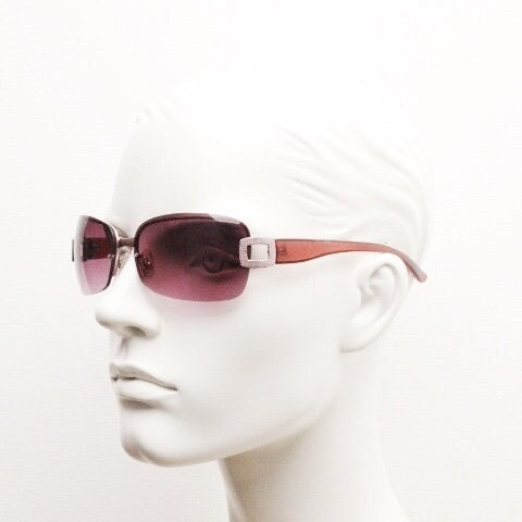 Y2K vintage rectangular purple sunglasses. Half frame 2000's wrap around with lethal mulberry curved lenses, gold trim and temple crests