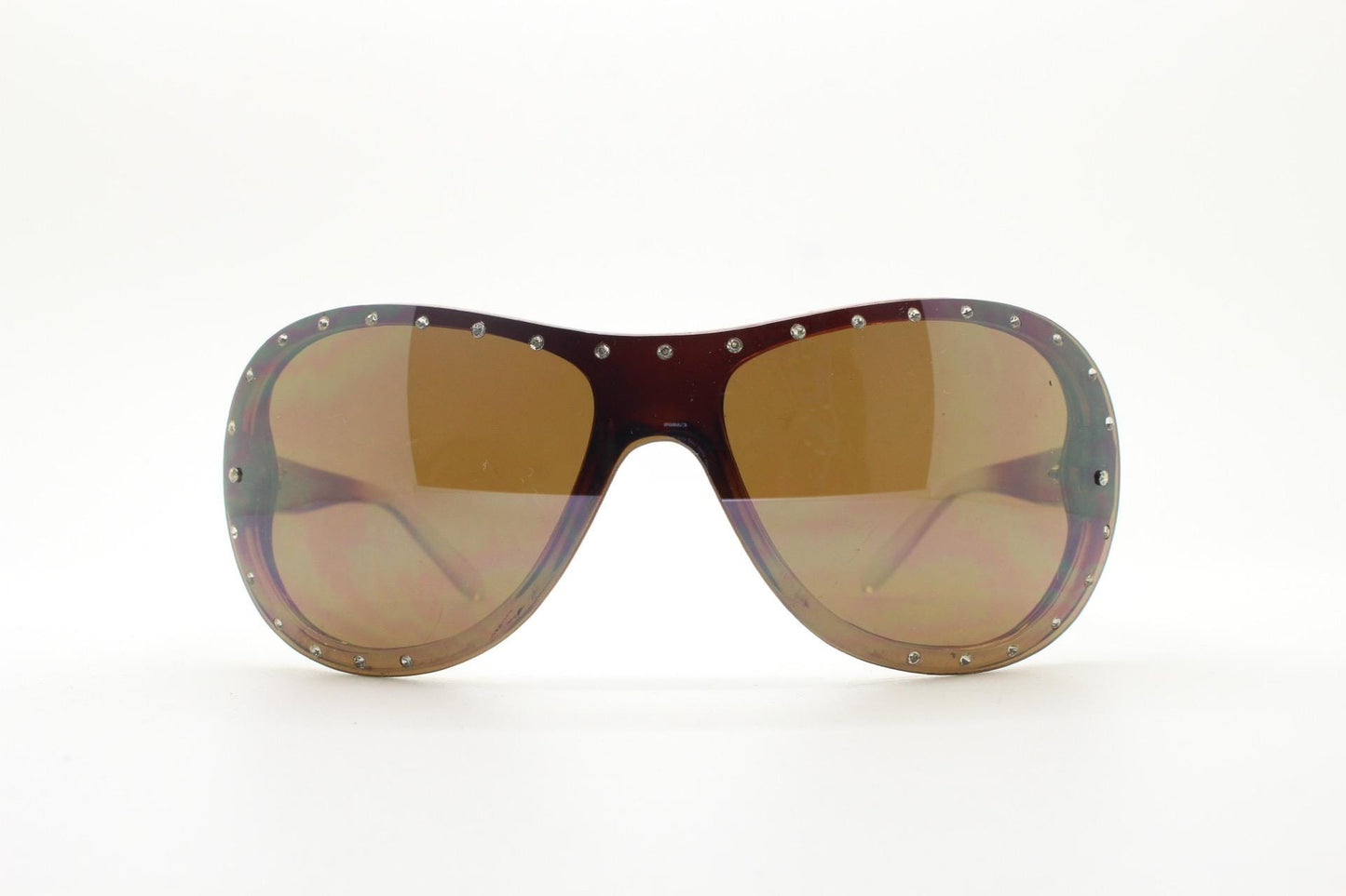 Y2K vintage visor aviator sunglasses with diamante. Brown wrap around mini mask shield design with curved mono lens. 2000s NOS. Rhinestone