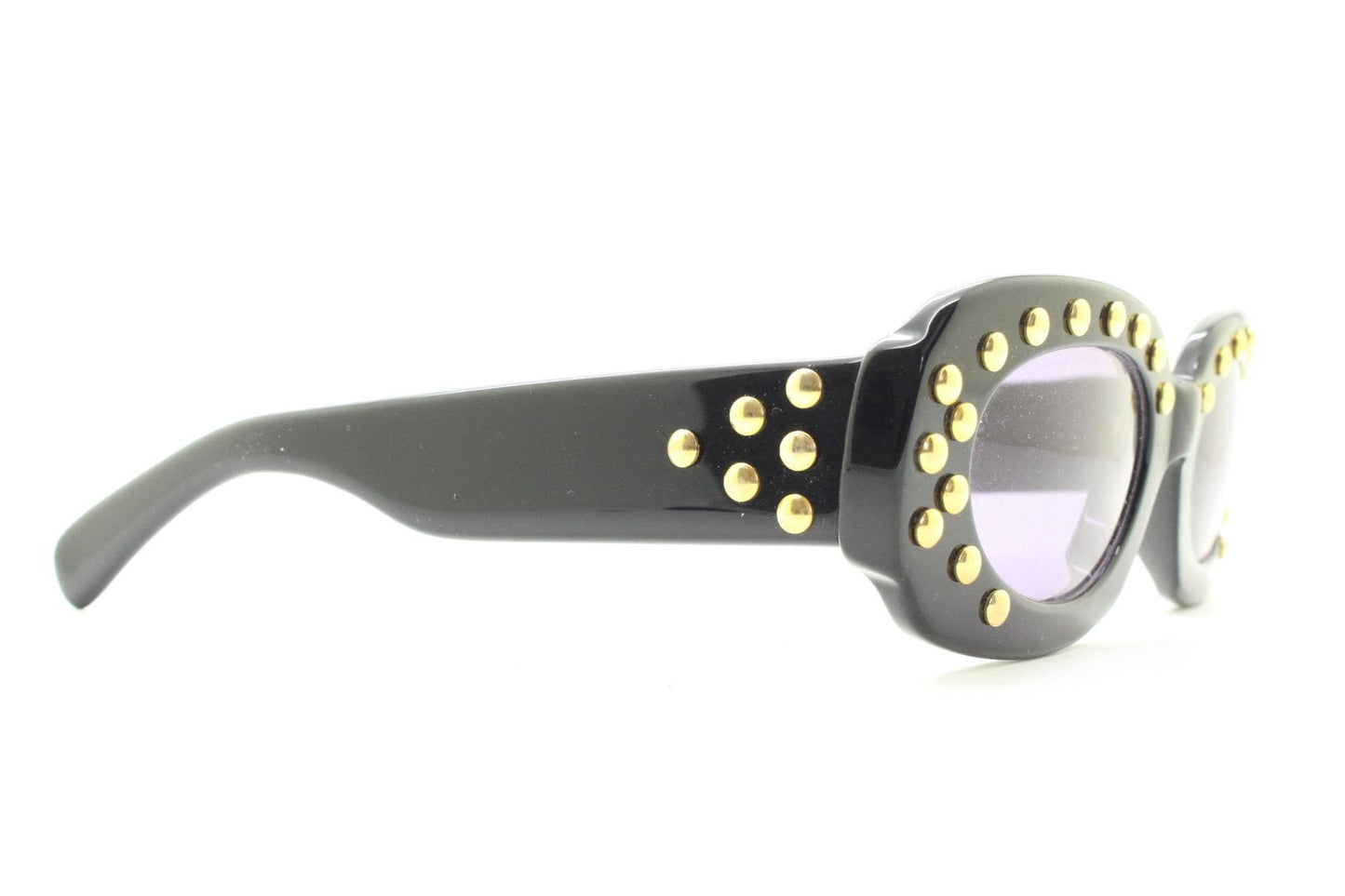 Lanvin vintage thick frame oval sunglasses with large golden dome studs. Womens 60s shape black acetate frame with atmospheric purple lenses