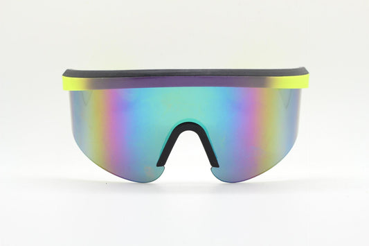 80s vintage visor sports shield sunglasses. Yellow dayglo/ purple brow with wrap around rainbow mirror mono lens. Super hero mini mask. NOS