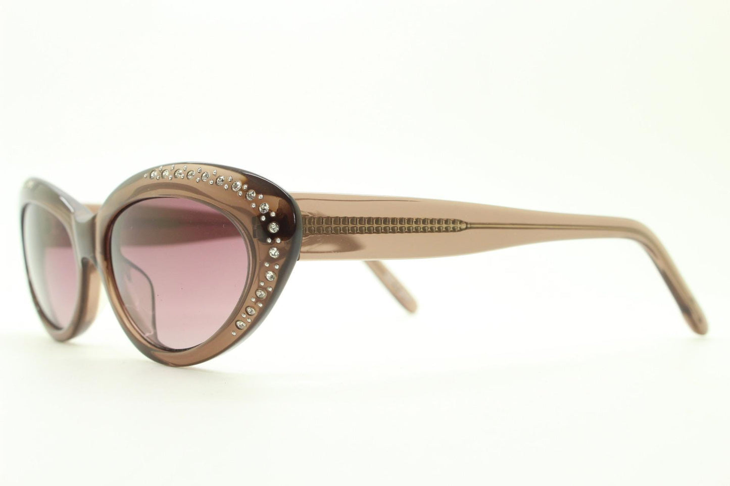 Agent Provocateur oval cateye sunglasses made in Japan by Linda Farrow. Womens transparent brown frame cat eye with diamante. NOS vintage