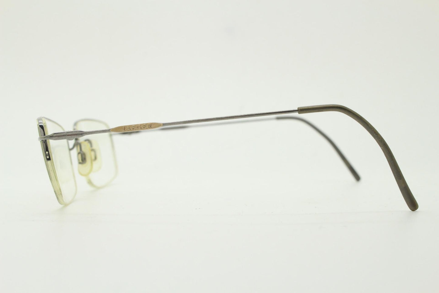 Jaegar vintage rectangular eye glasses. Extremely minimal grey half frame in titanium. Optical spectacles. Prescription spectacles. RX