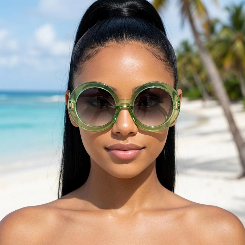 Y2k vintage oversized round green sunglasses. Women's big 60s mod design transparent frame with smoky black gradient lenses. Unused BNWT