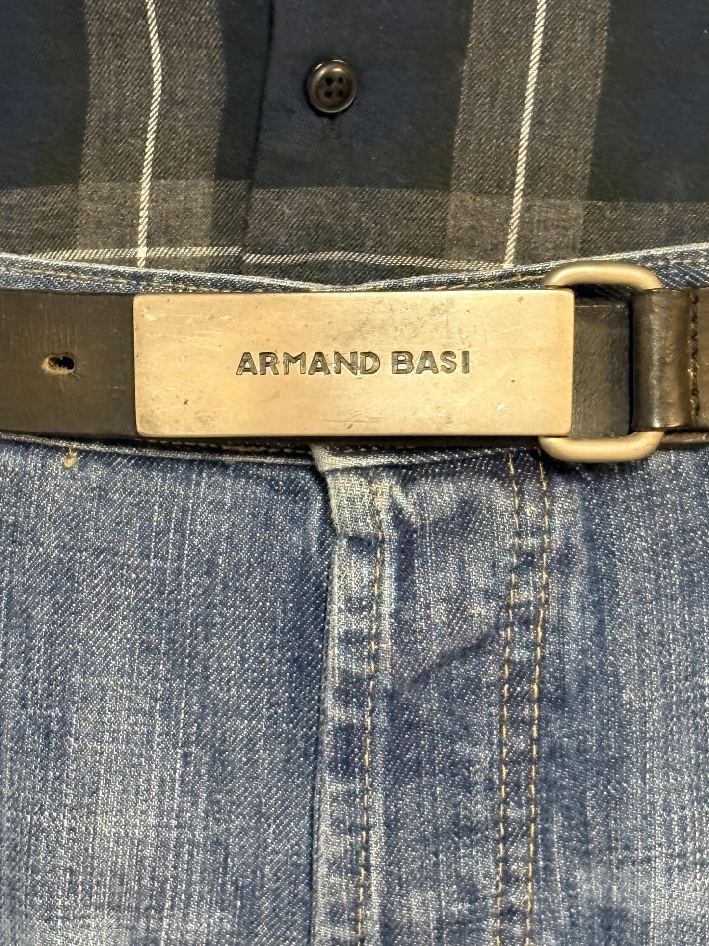 Armand Basi 90s vintage thick black genuine leather belt with distressed wide rectangular metal logo buckle. Single piece cowhide. Mens