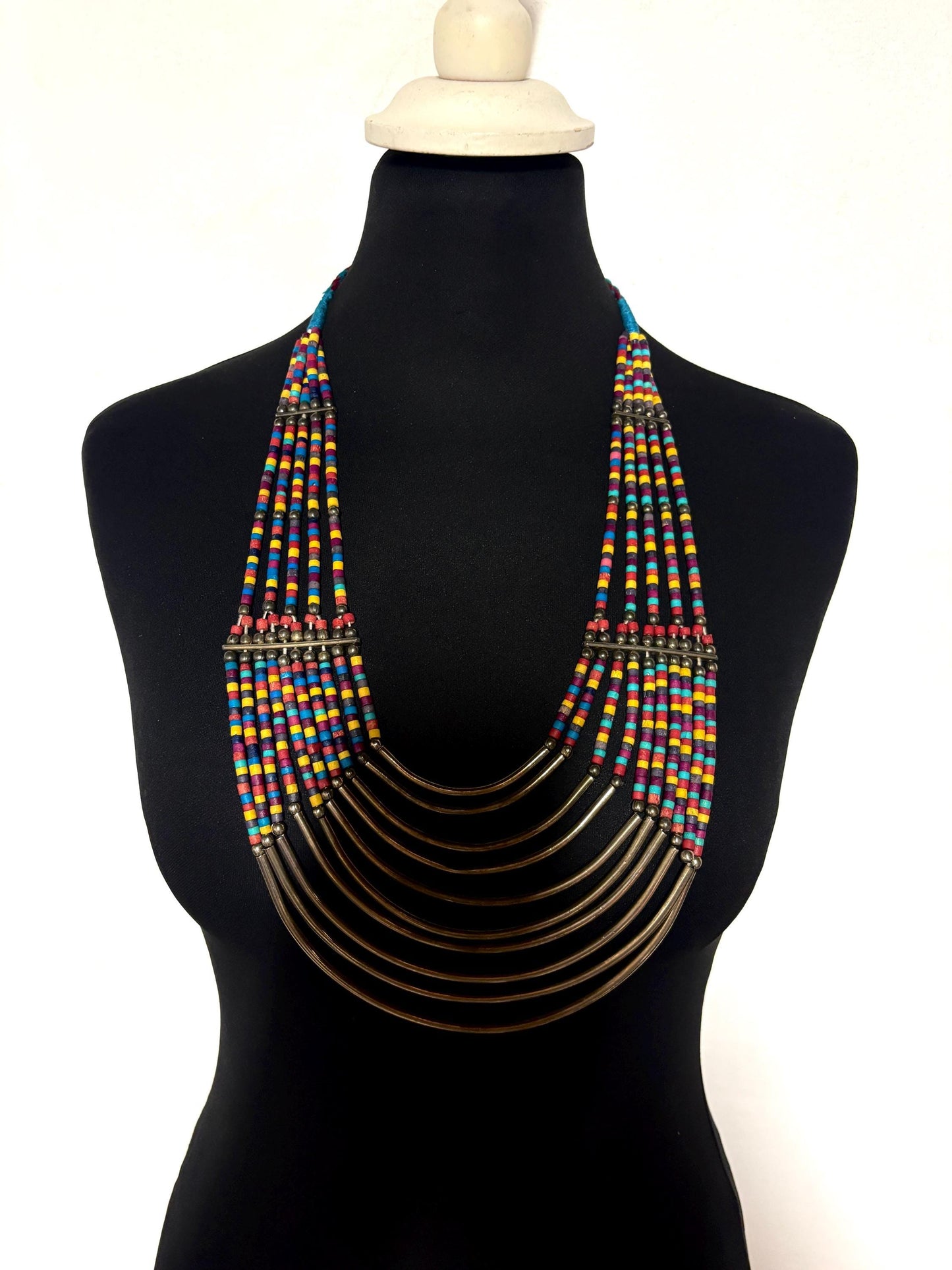 Y2K vintage massive statement Masai style beaded chain necklace. Multi coloured beads with concentric semi circle metal crescents. NOS