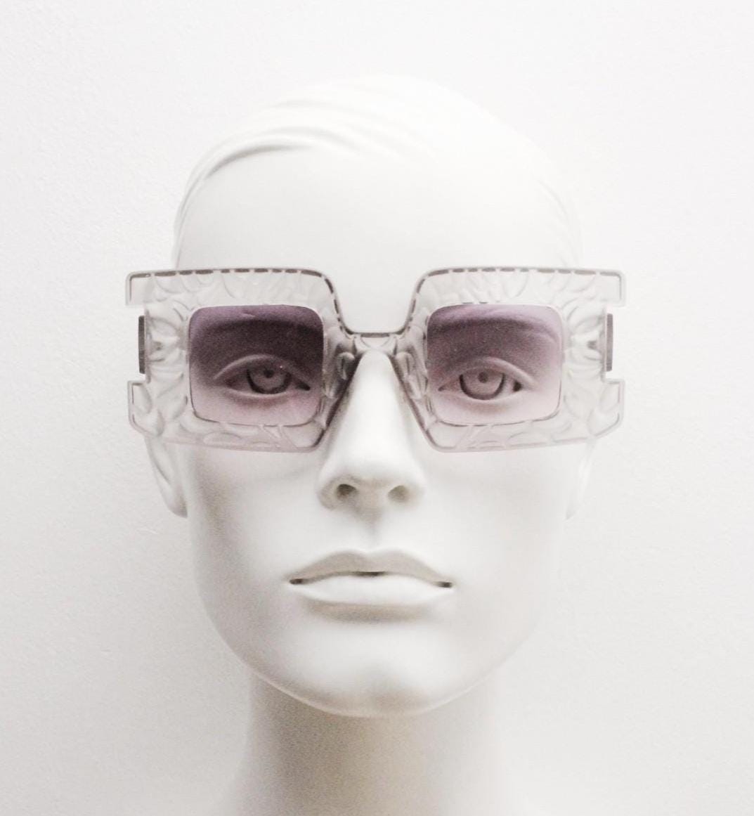 Vintage oversized square sunglasses. Women's radical fashion poseur shades with abstract patterned transparent frame with pink lenses. BNWT