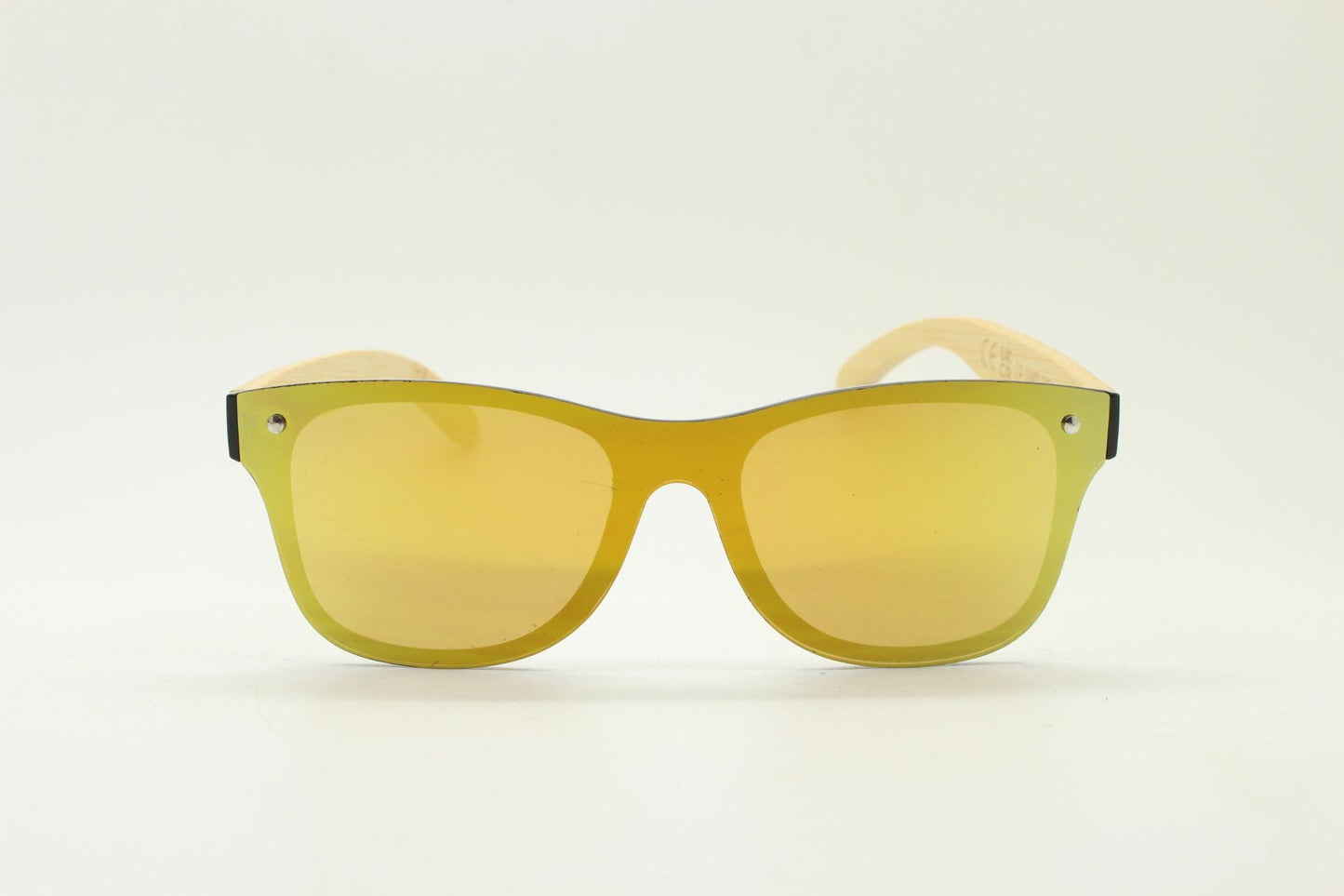 Modified wayfarer design mono lens sunglasses. Gold mirror flat front with beige real wooden arms. Unused NOS