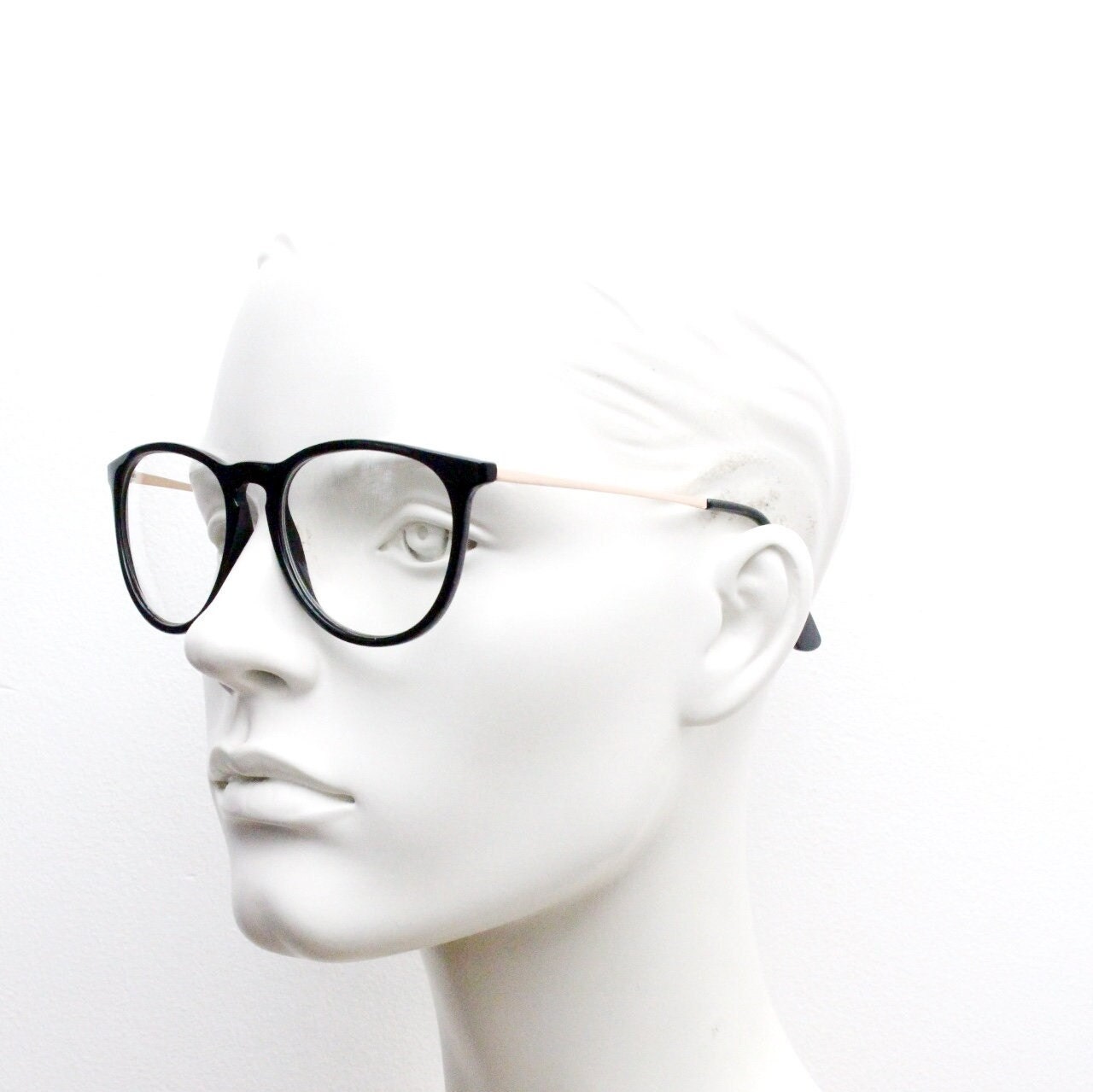 90s vintage black slim glasses. Slightly oversized optical frames in black gloss. Prescription eyeglasses with clear lens. RX spectacles