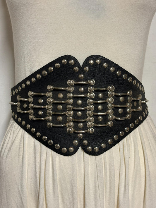 80s vintage womens leather tall corset belt. Black with small dome studs and protruding steel loops. Medieval cosplay. LARP. Fetish
