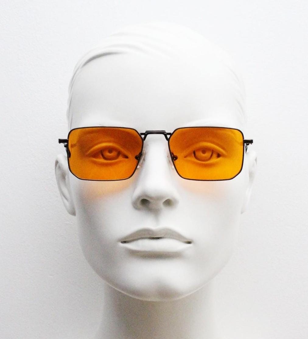 90s vintage angular 6 sided sunglasses. Brown chrome metal frame with blazing flat orange lenses. Rectangular psychedelic sunnies. BNWT