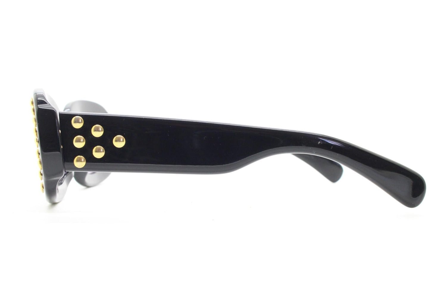 Lanvin vintage thick frame oval sunglasses with large golden dome studs. Womens 60s shape black acetate frame with atmospheric purple lenses