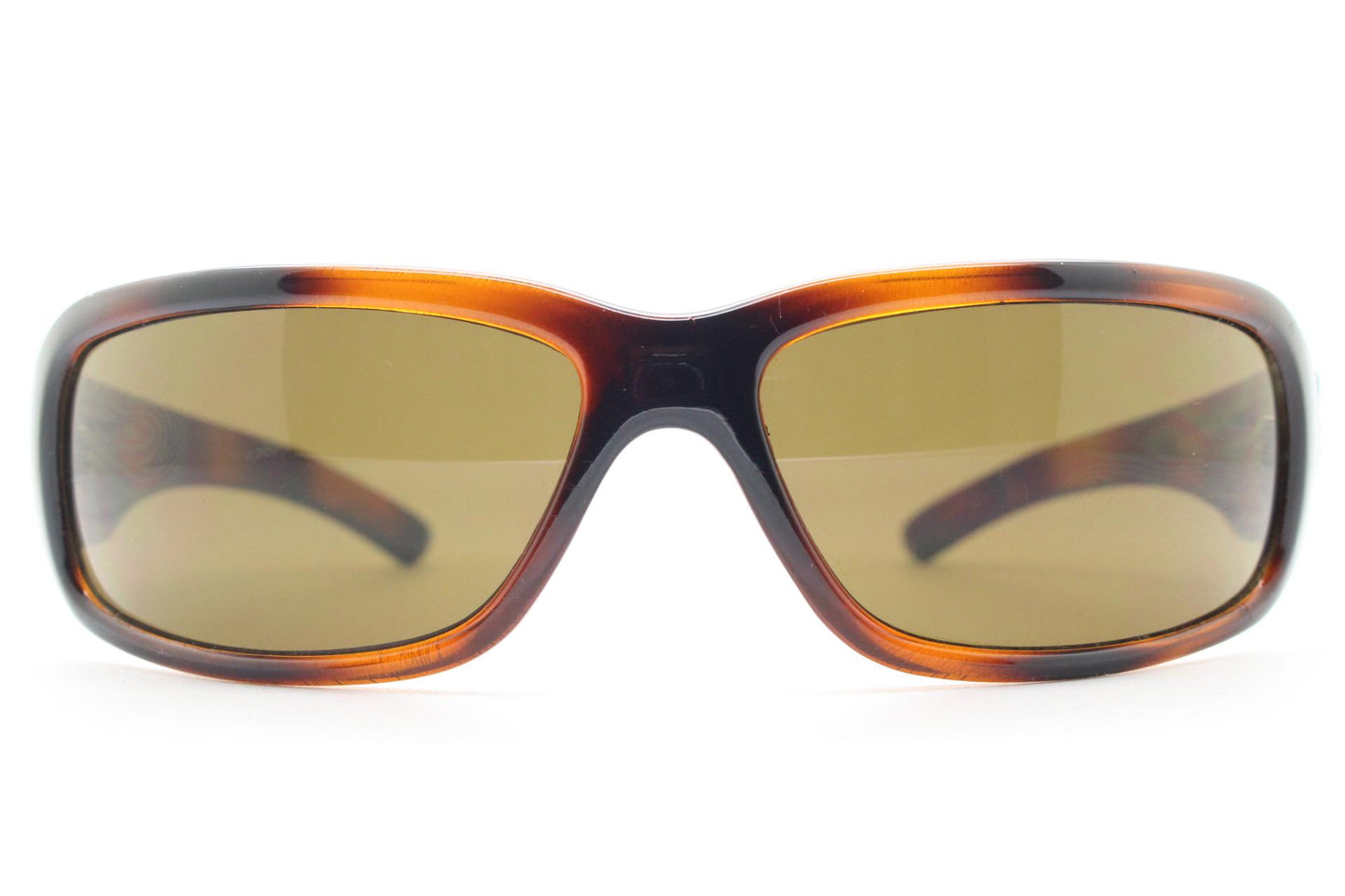 Y2K vintage curved wraparound sunglasses by Animal. Aerodynamic mottled brown gloss curved frame. Shield bug eye design. Biker shades. NOS