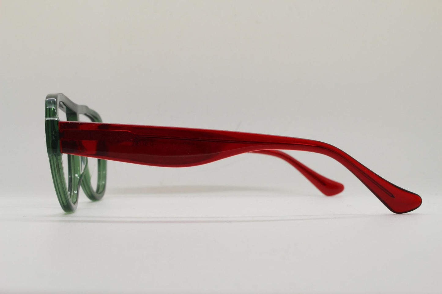 Modified acetate aviator eye glasses in dynamic transparent red and green. Optical frame. Prescription eyeglasses. RX spectacles. Vintage