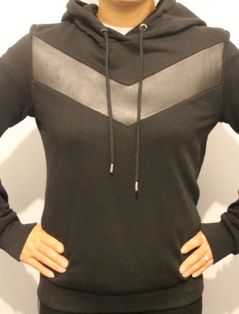Diesel Timeless fitted pullover hoody sweatshirt. Womens all black hooded jumper with real leather V panel. BNWOT production sample Size S