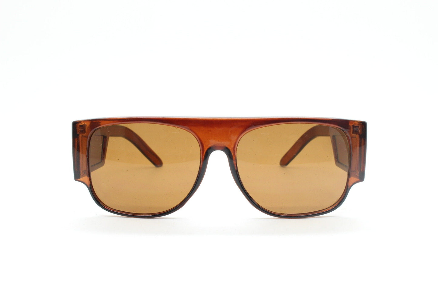 Y2K vintage rectangular side panel sunglasses. Brown transparent frame with matching lens tone blinkers. 2000s NOS unused goggle