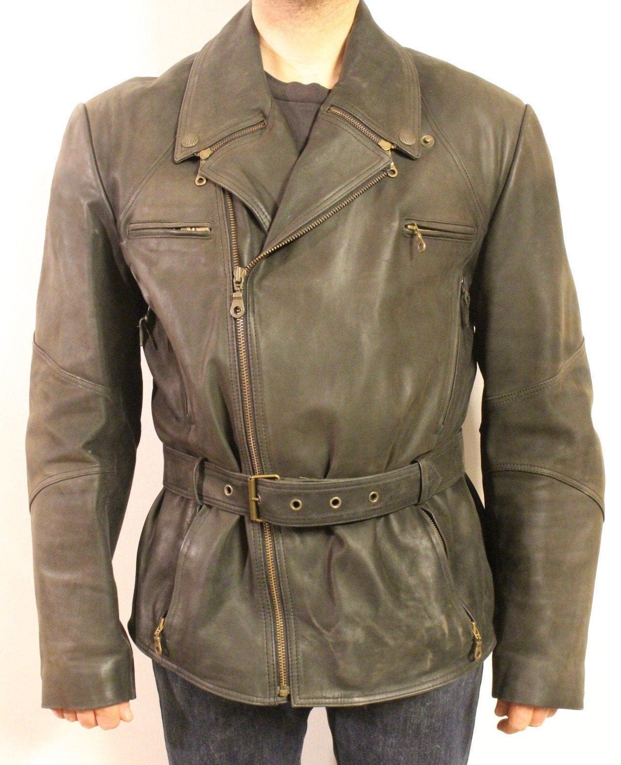 Vintage 80s motorcycle jacket. Gunmetal grey real leather biker. 40s design with back padding and vents. BNWOT