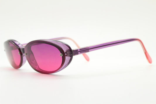 Vintage 90s oval cat eye sunglasses. Low profile Womens transparent purple frame with intense pink lenses. Rockabilly cateye. Unused NOS