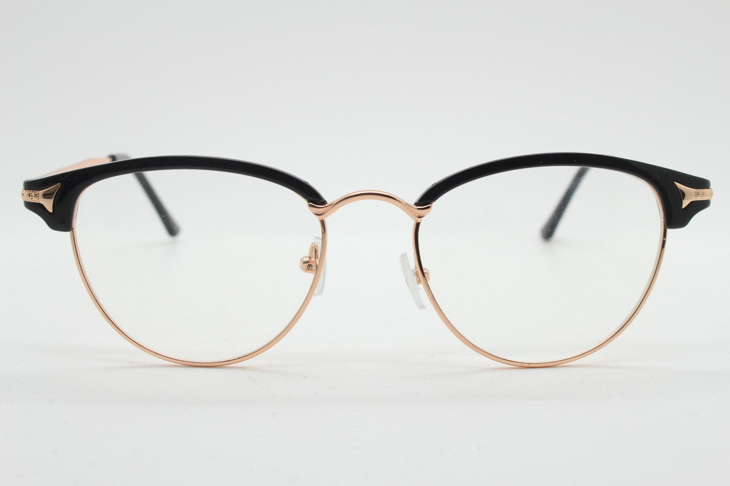 90s vintage browline cat eye glasses. Black gloss and gold half frame eyeglasses. 50s, 60s cateye design with clear lenses. NOS