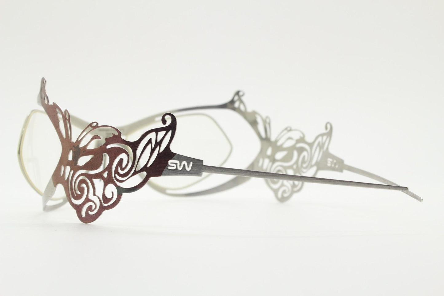 Slav Novosad wearable art eye wear. Design classic in inventive flat 2 tone stainless steel. Radical fashion visor. Fantasy sun glasses