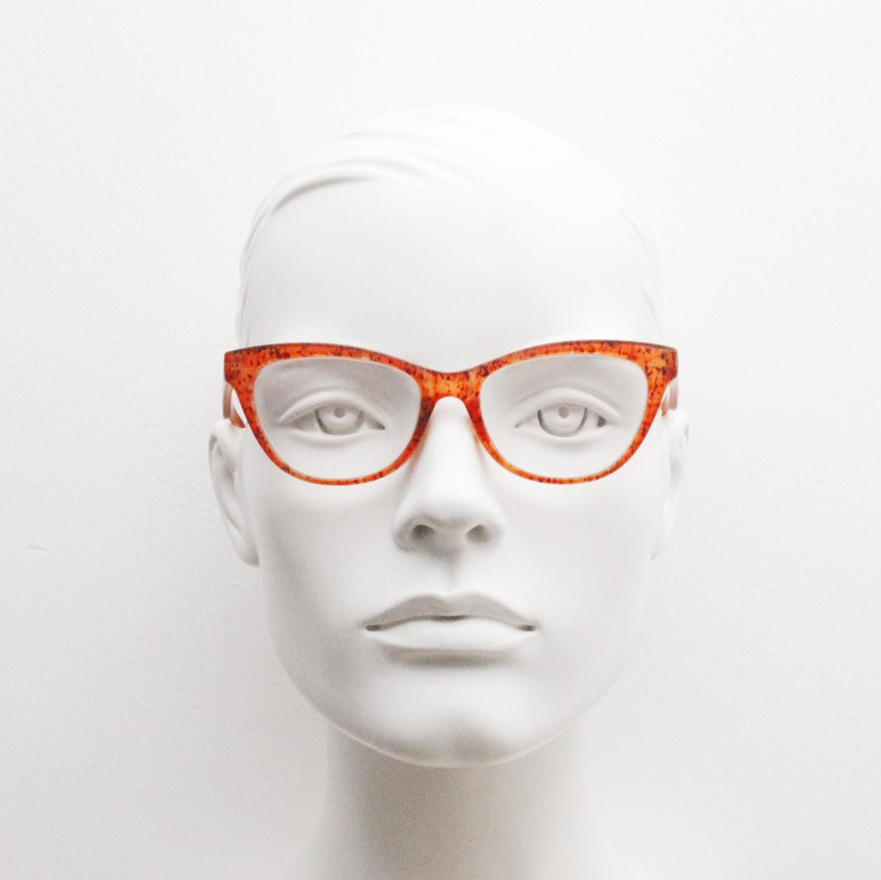 Y2K Vintage cat eye glasses. Transparent frosted cateye optical frames in speckled orange tiger pattern. Prescription. RX Spectacles