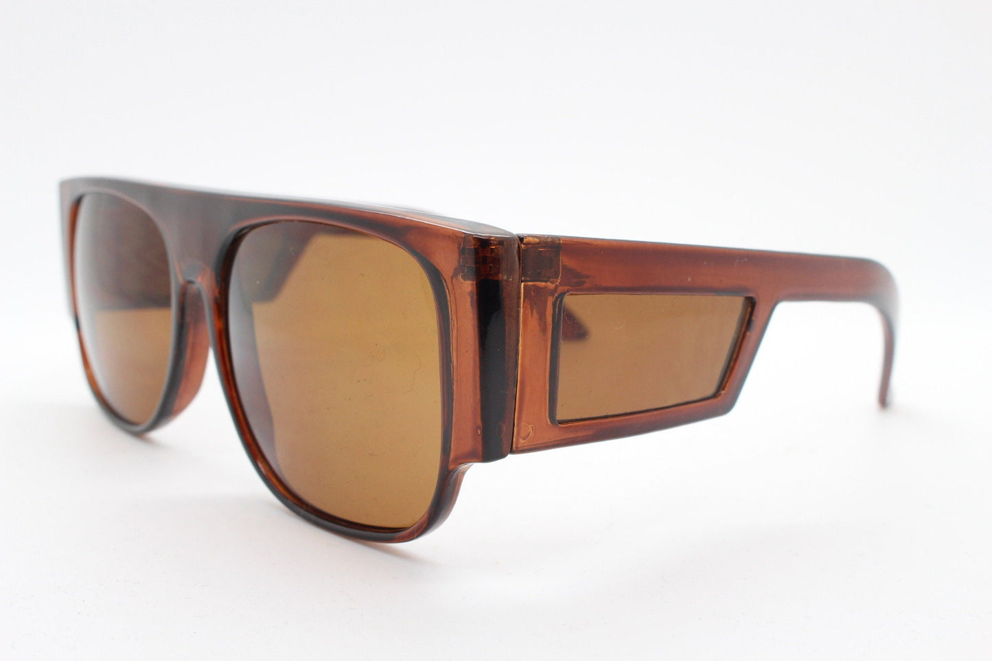 Y2K vintage rectangular side panel sunglasses. Brown transparent frame with matching lens tone blinkers. 2000s NOS unused goggle