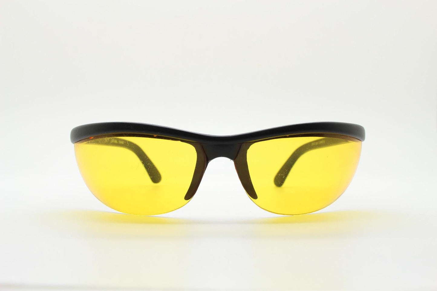 90s vintage half frame shield sunglasses. Thick matt black wrap around brow with intense orange bug eye lenses. Rave fashion grail. NOS