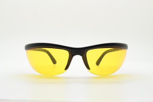 90s vintage half frame shield sunglasses. Thick matt black wrap around brow with intense orange bug eye lenses. Rave fashion grail. NOS