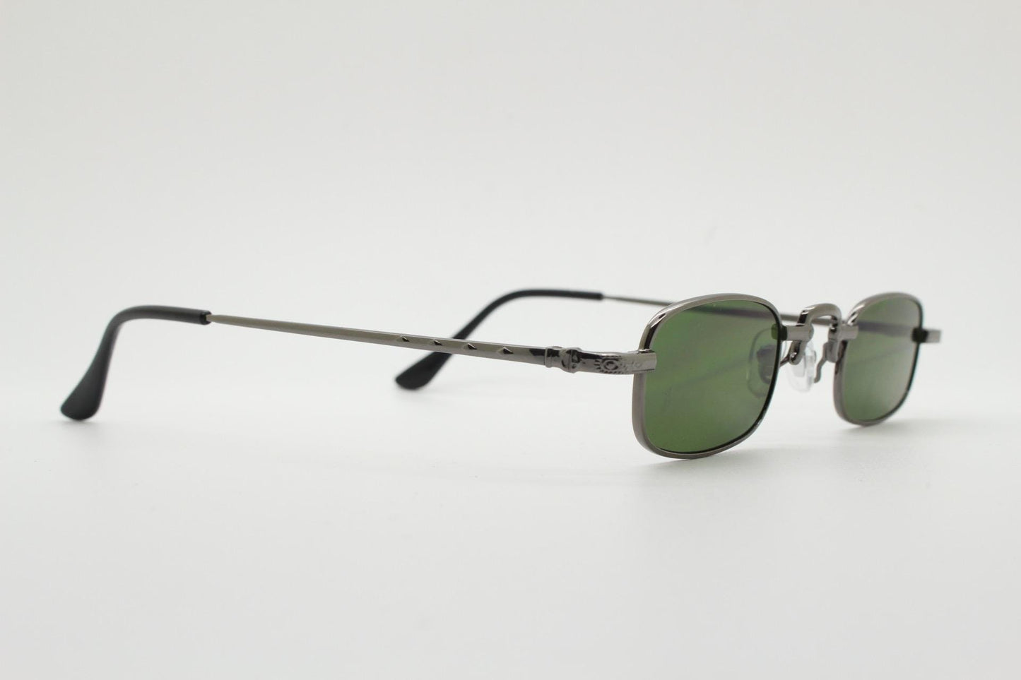 90s vintage small rectangular sunglasses. Imposing minimal gunmetal grey victorian style frame with green lenses. Steampunk. Unused NOS