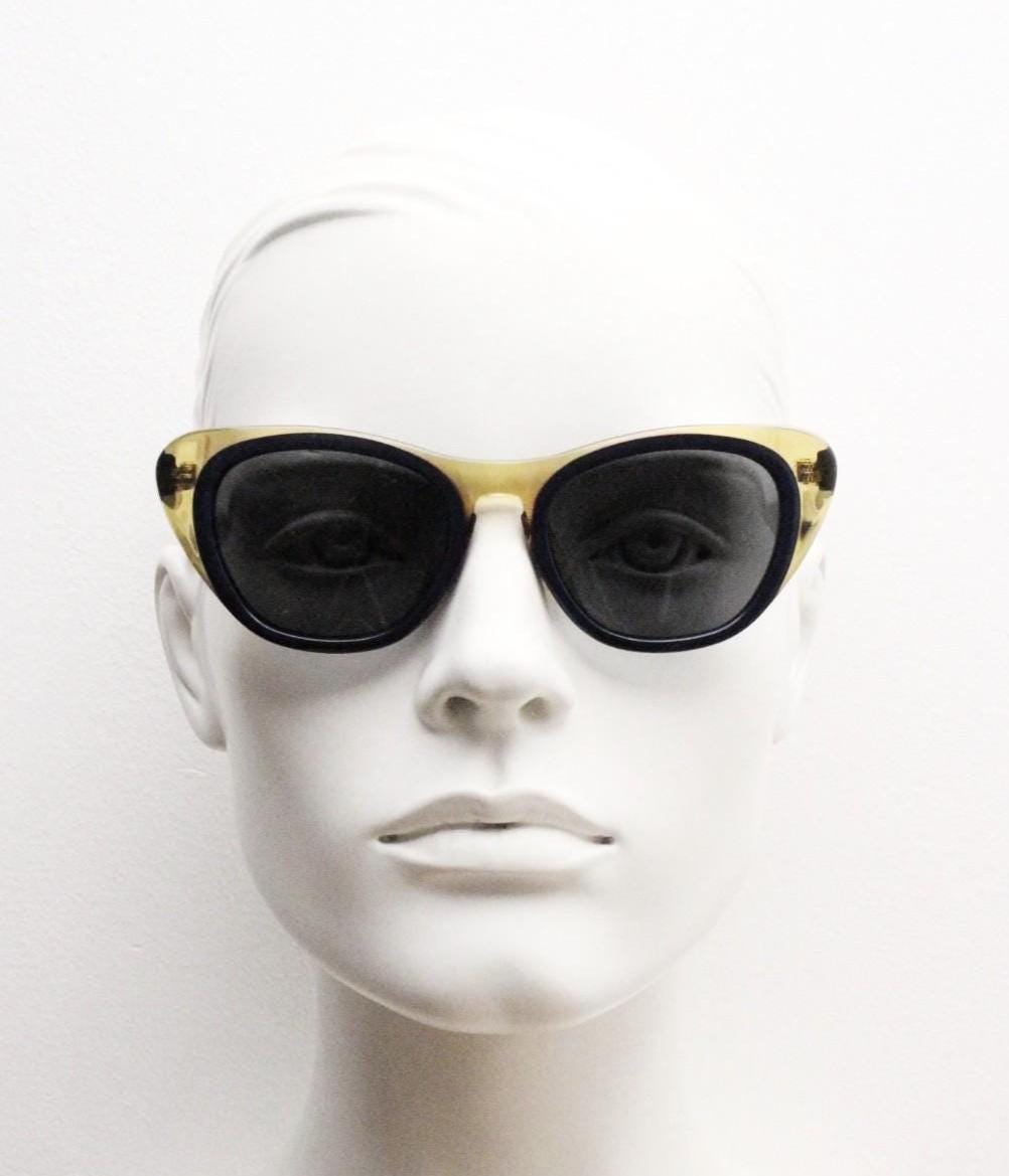 Linda Farrow cat eye sunglasses made in Japan by Erdem. Black with transparent amber outline. Luxe Gallery Projects Vintage. NOS Full Set