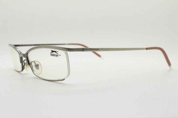Slazenger 90s vintage rectangular eye glasses. Minimal low profile tech style optical frame in satin finish pewter look. Prescription RX