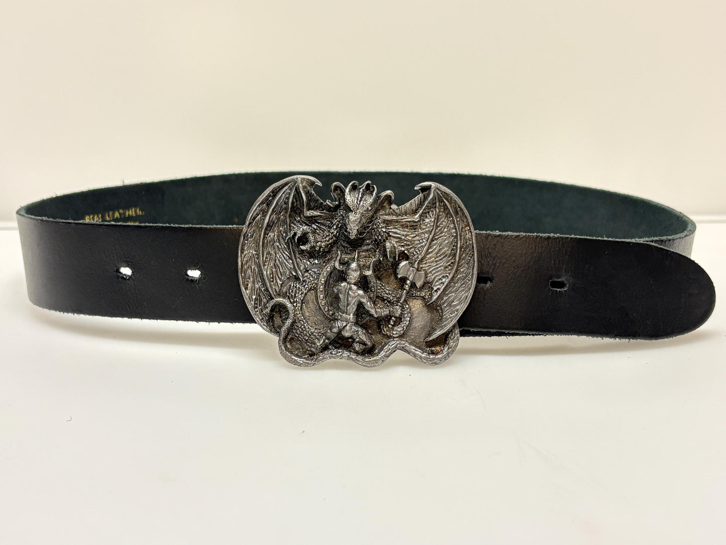Bergamot brass works 1982 vintage 3D Beowulf and the dragon buckle on black genuine leather  changeable belt. Mythical fantasy. 80s
