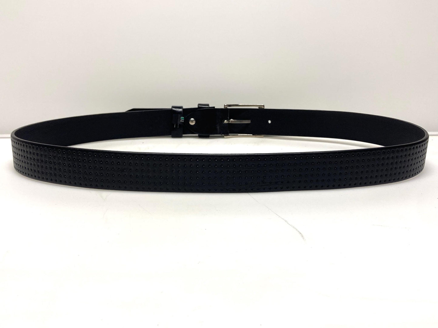 90s vintage black genuine leather belt made in Italy. Thick cowhide with smooth finish and indented dots for trousers/jeans. Mens NOS