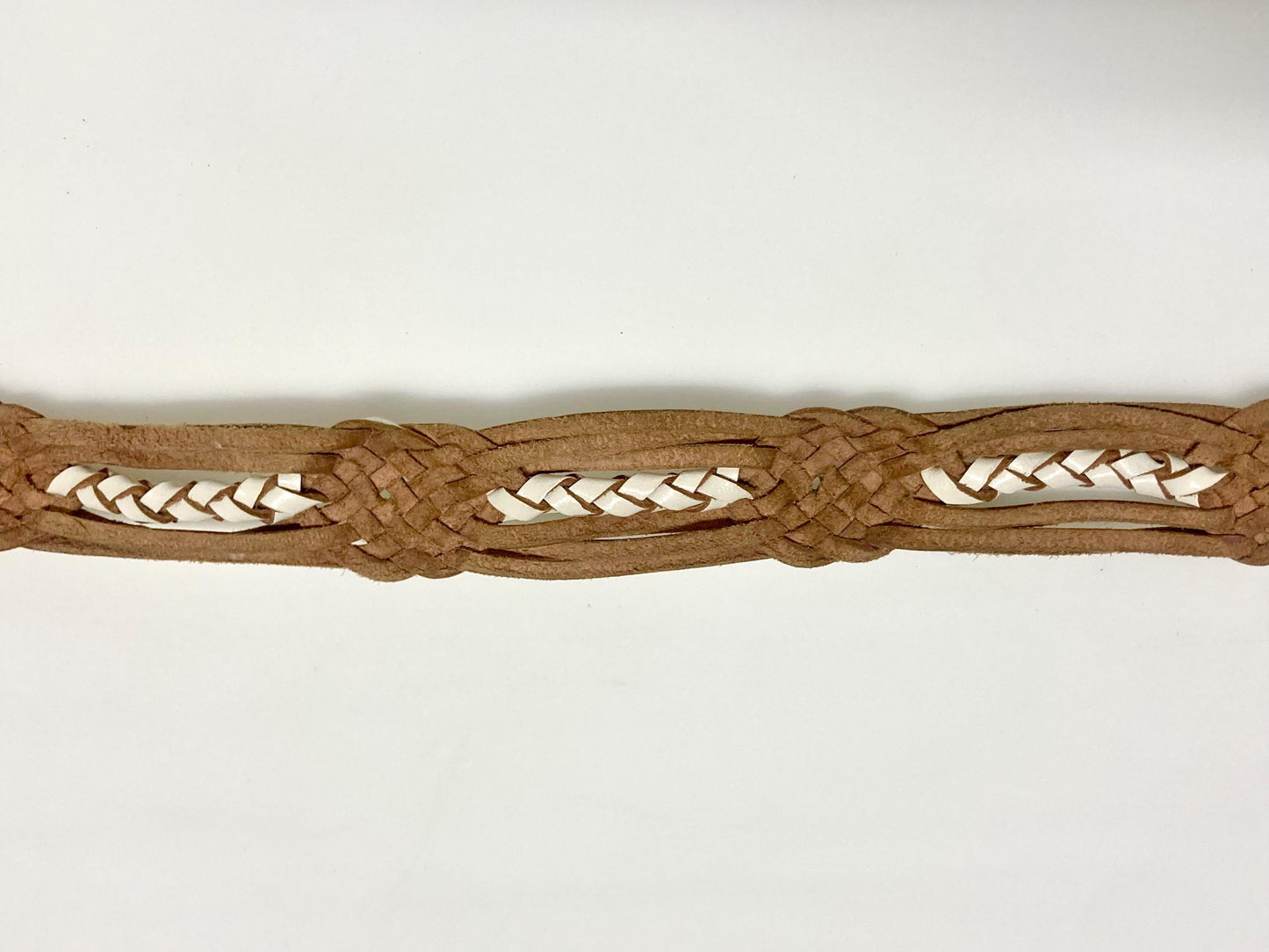 80s vintage womens white lattice dress belt with big flower 'shield' buckle. Genuine leather hand plaited design. Great condition NOS
