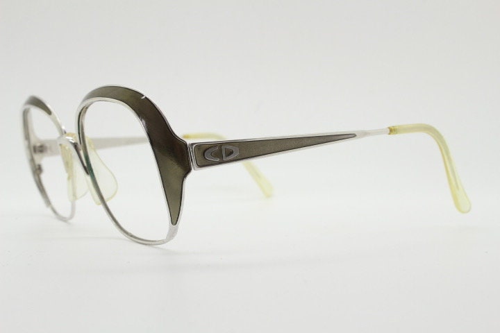 Christian Dior 70s vintage big round eye glasses made in Austria. Silver optical frame with dynamic reflective grey enamel. Prescription RX