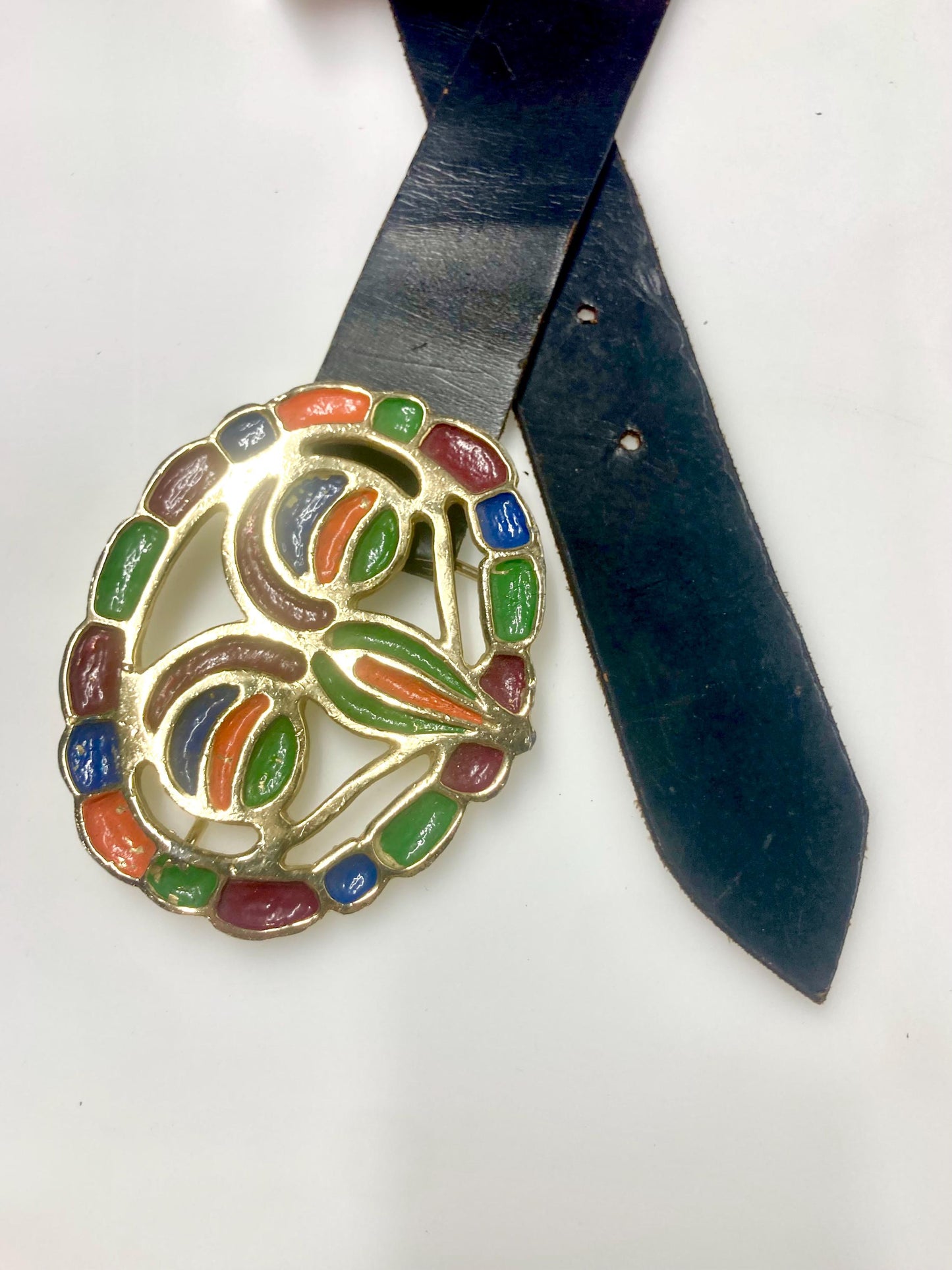 70s vintage womens dress or jeans belt with big round fancy buckle. Gold with multi colour indented patterns. Raw home made finish. NOS