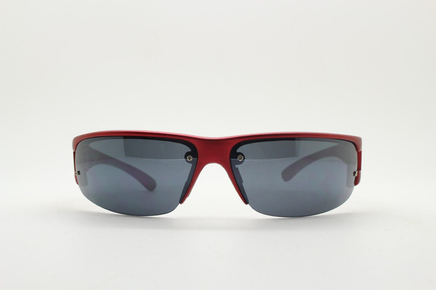 90s vintage visor sunglasses. Red matt metallic curved half frame wrap around sports shield with dark lenses. Mini mask. 2000's. Y2K NOS