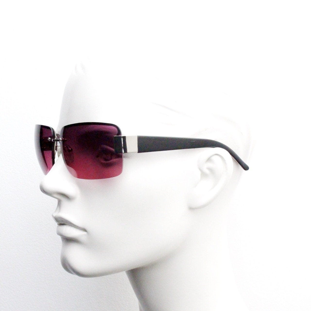 Y2K vintage big rectangle visor sunglasses. Half frame 2000's chrome trim wrap around with lethal purple curved lenses. 00's