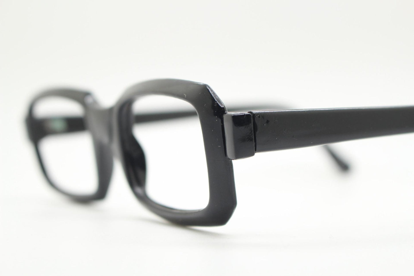 90s vintage black rectangular eye glasses. Thick framed low profile gloss acetate spectacles. Prescription optical eyeglasses. RX. NOS