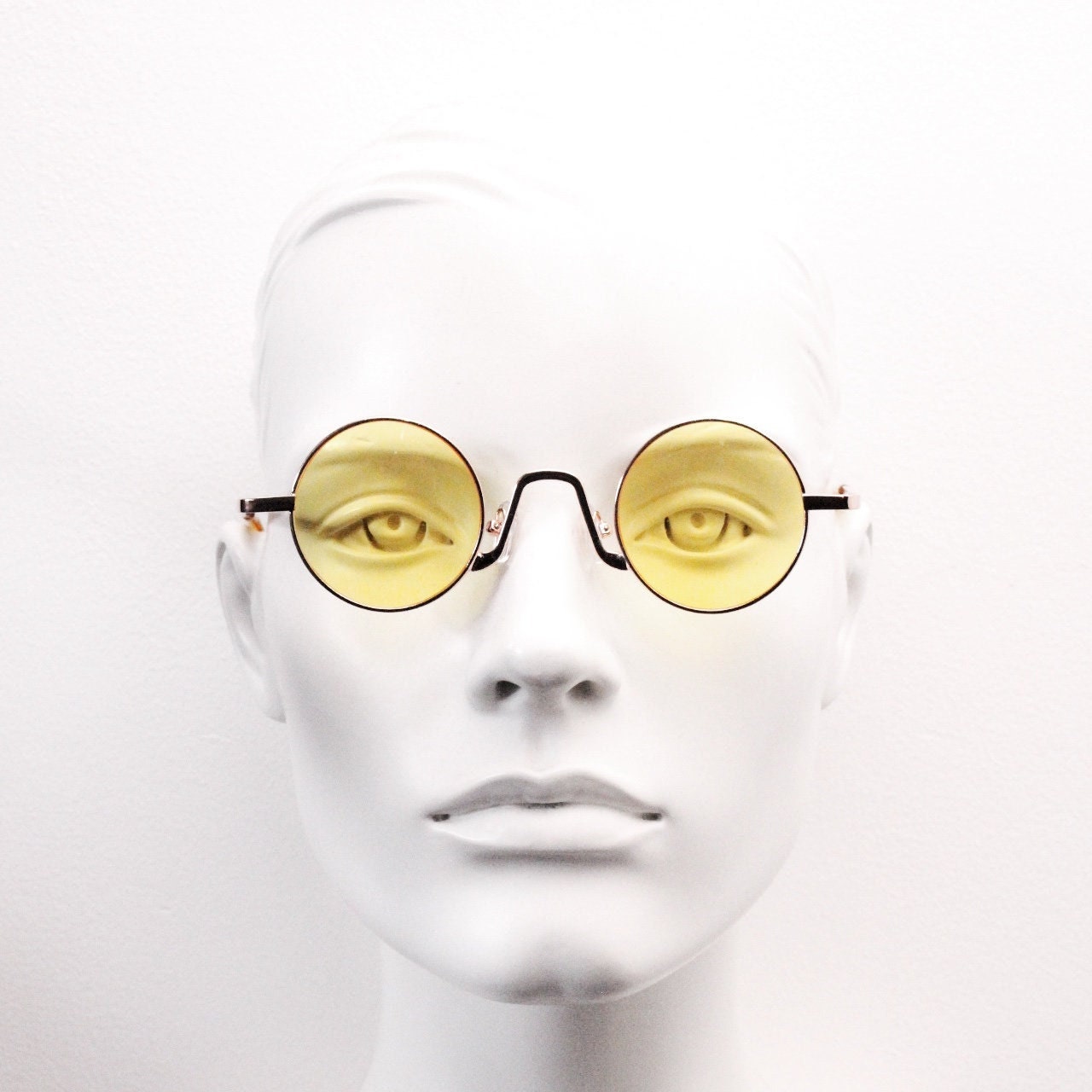 90s vintage small oval sunglasses. Imposing minimal gold victorian style frame with blazing canary yellow lenses. Steampunk. Unused BNWT